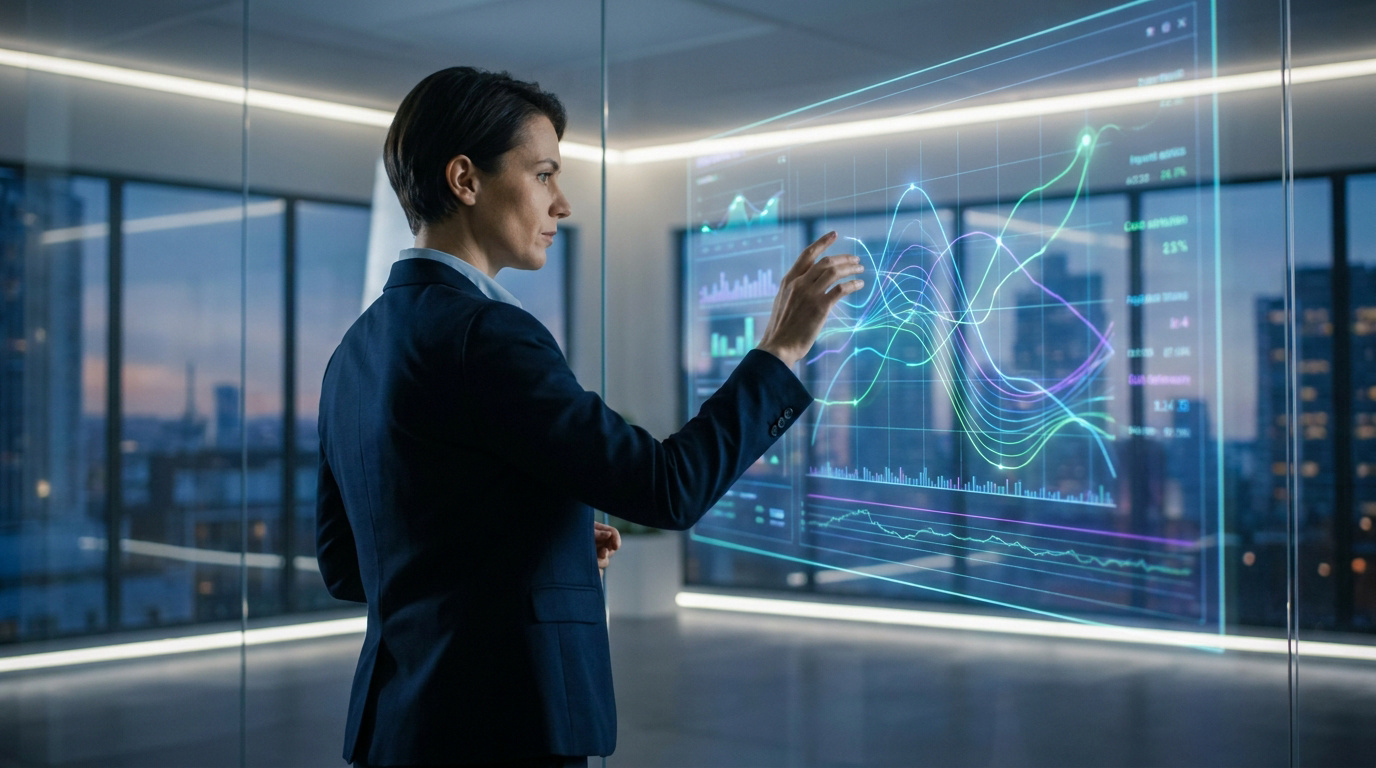 Une femme d'affaires analyse des graphiques de performance Google Ads sur un écran transparent futuriste en entreprise.
