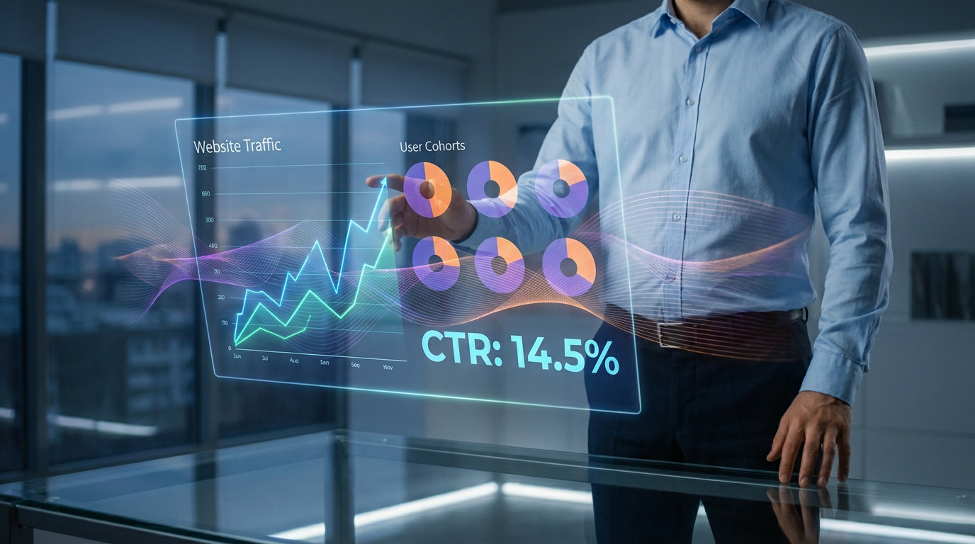 Homme d'affaires interagissant avec un écran holographique affichant des statistiques de trafic web et de taux de clic.