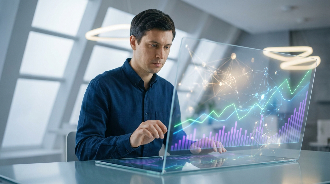 Un professionnel analyse des graphiques de données complexes sur un écran holographique transparent dans un bureau moderne.