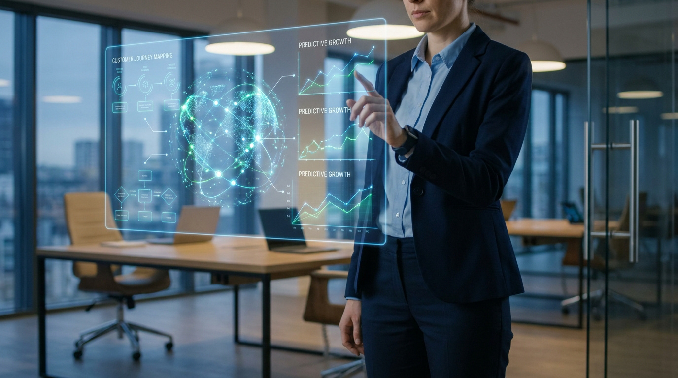 Une femme d'affaires interagissant avec une interface holographique affichant des données de croissance et un globe numérique.