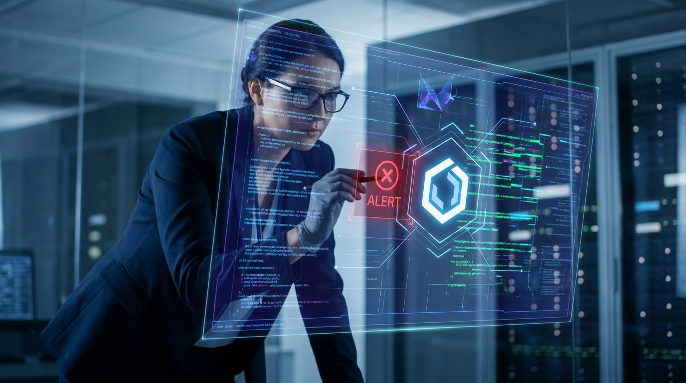 Une femme experte en technologie analyse une interface holographique affichant une alerte rouge d'erreur système.