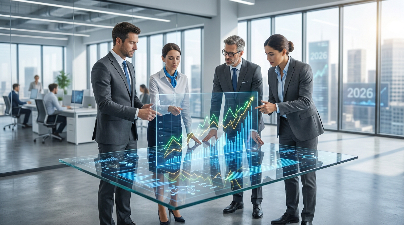 Quatre professionnels en costume analysent des données financières holographiques sur une table en verre dans un bureau moderne.