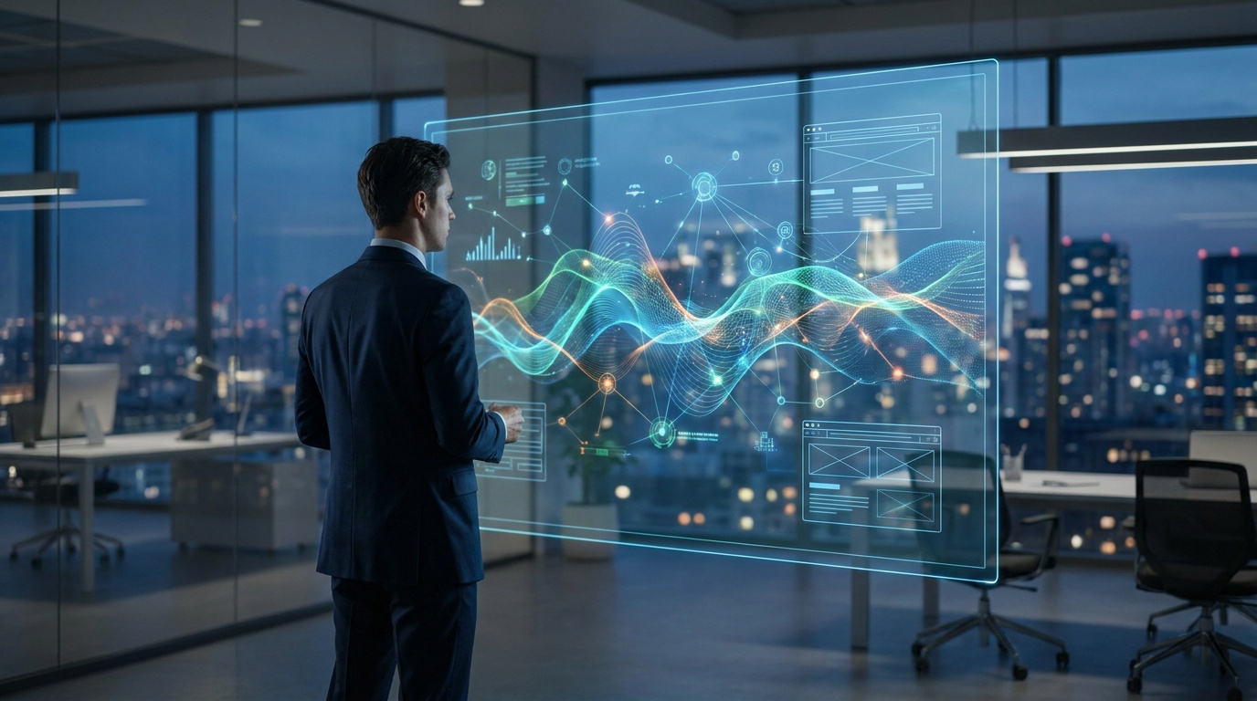 Un professionnel en costume analyse des données SEO complexes sur un écran holographique dans un bureau moderne.