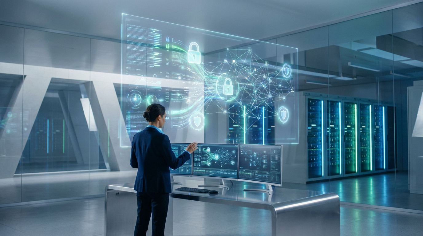 Une experte en cybersécurité analysant des flux de données protégés devant des serveurs dans un centre de données.