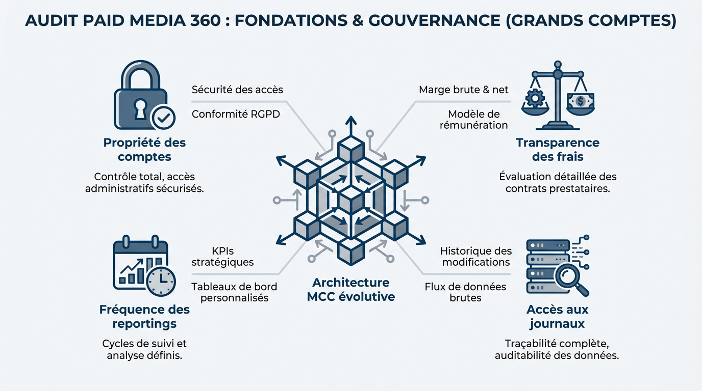 Schéma d'architecture MCC et gouvernance pour audit paid media 360