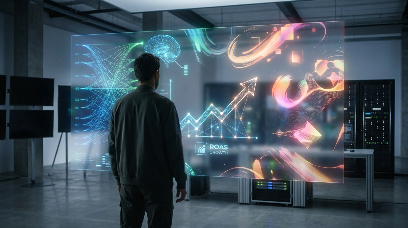 Un homme devant un écran holographique affichant des données de croissance et des graphiques liés à l'IA.