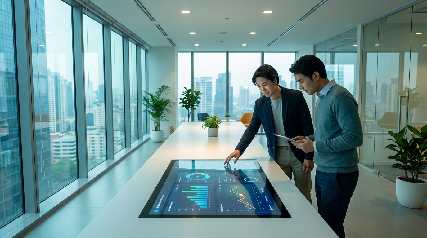Deux professionnels analysent des tableaux de bord de données sur une table tactile interactive dans un bureau moderne.