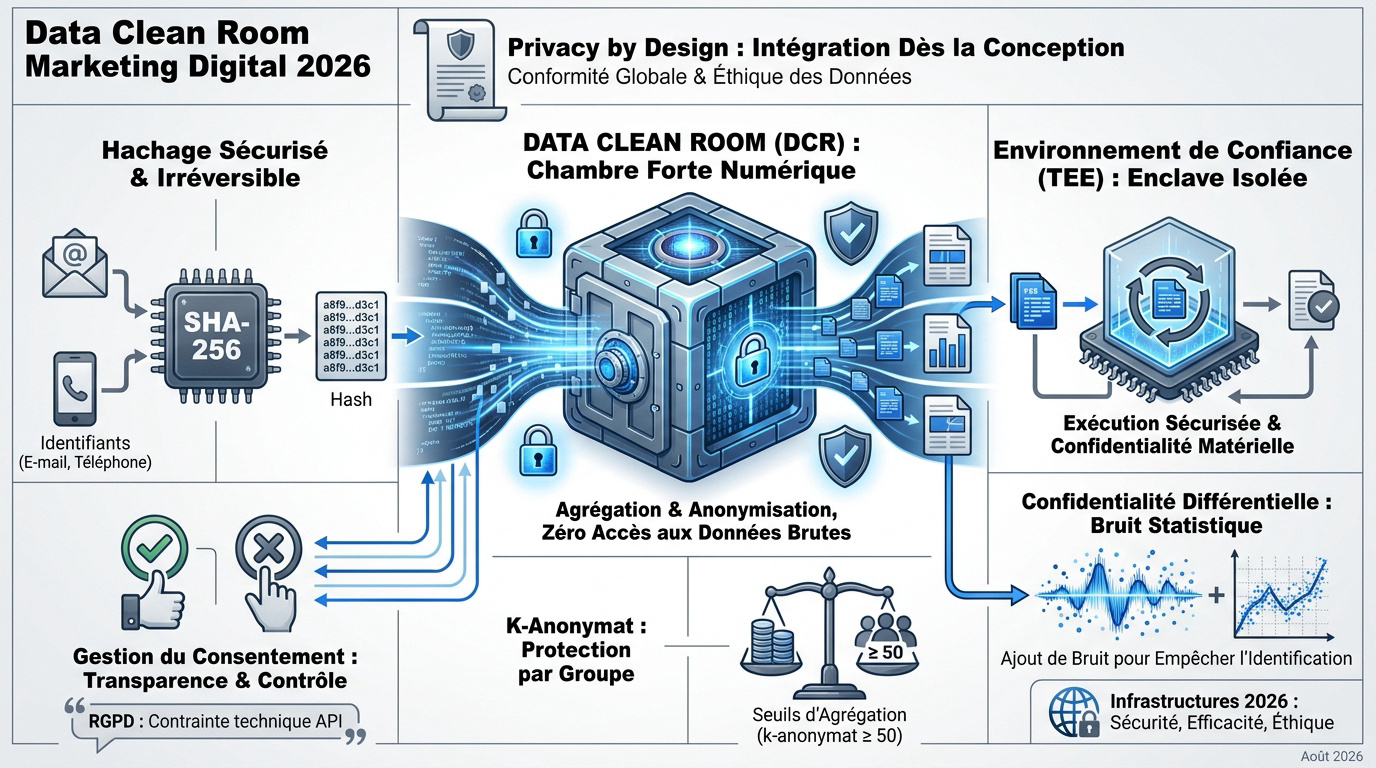 Schéma technique d'une data clean room sécurisée en 2026 avec protocoles TEE et hachage SHA-256