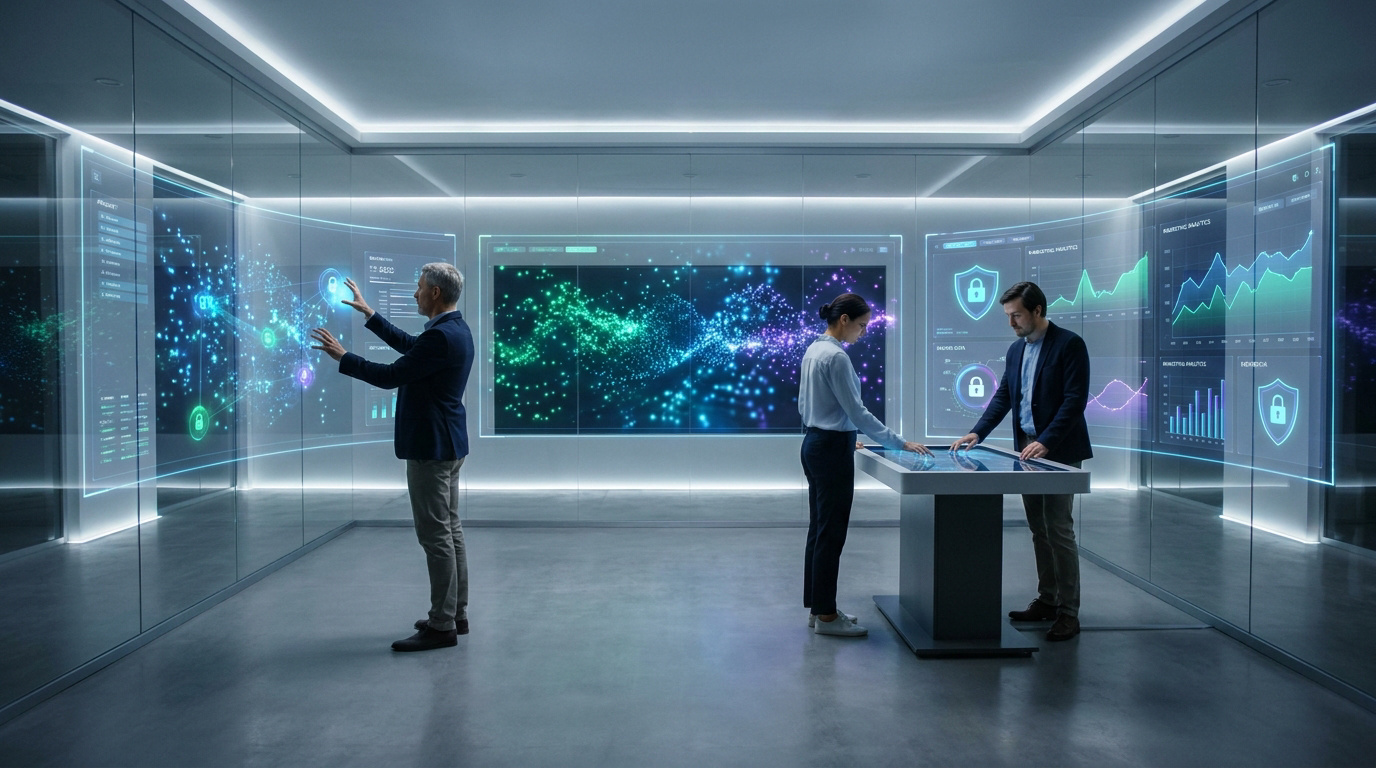 Trois professionnels analysant des graphiques et des flux de données sur des écrans tactiles futuristes dans un bureau.