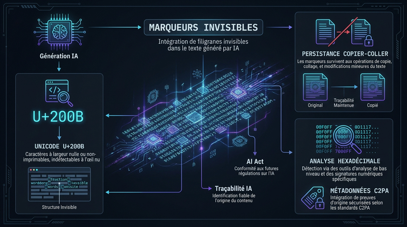Illustration des filigranes invisibles et de la traçabilité des textes générés par IA