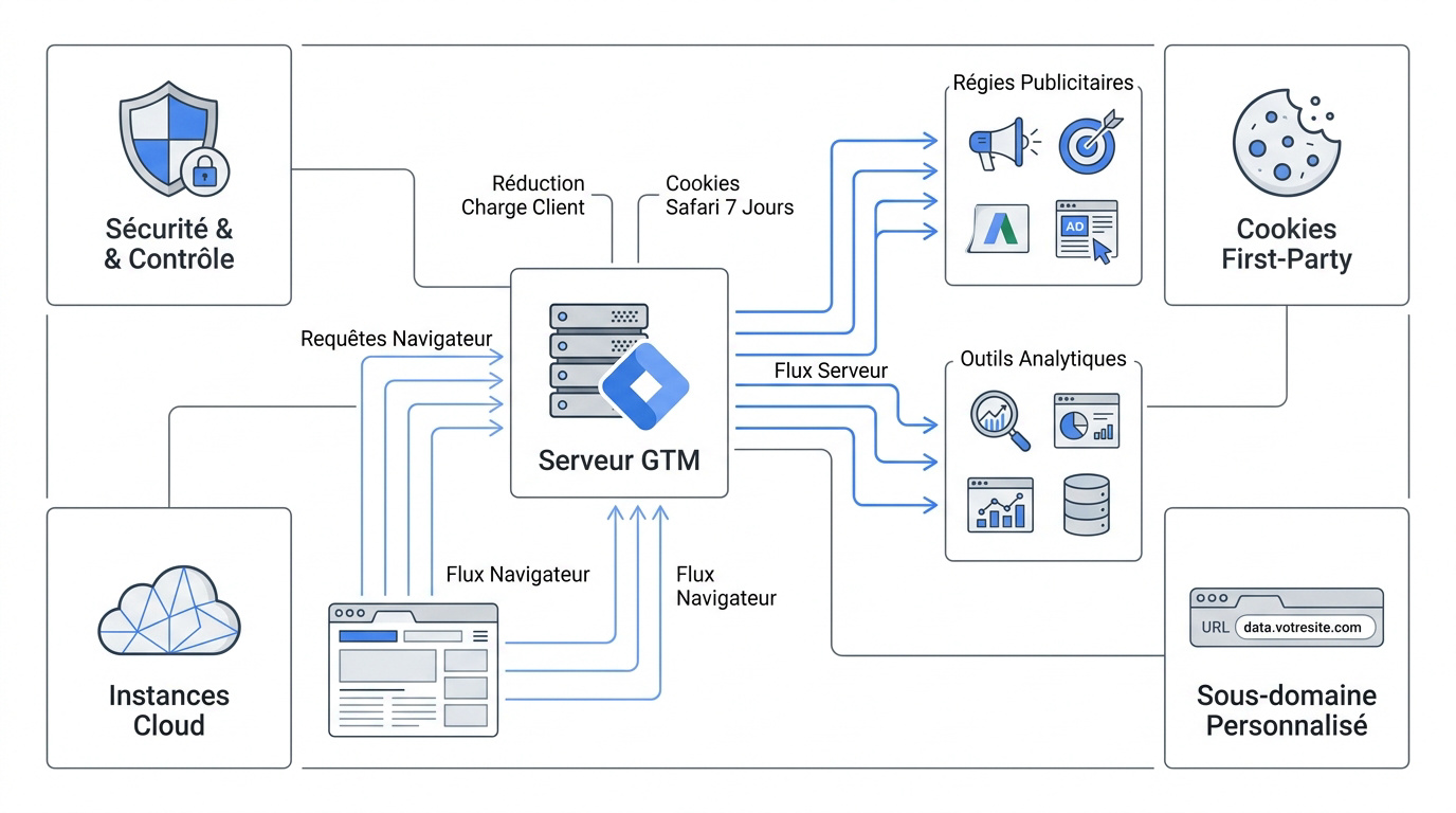 Architecture de flux de données via serveur GTM pour la sécurité analytique