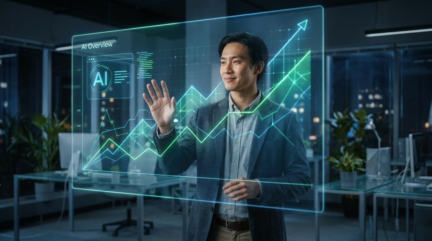 Un homme d'affaires interagissant avec un écran holographique affichant des graphiques de croissance et le logo AI Overview.