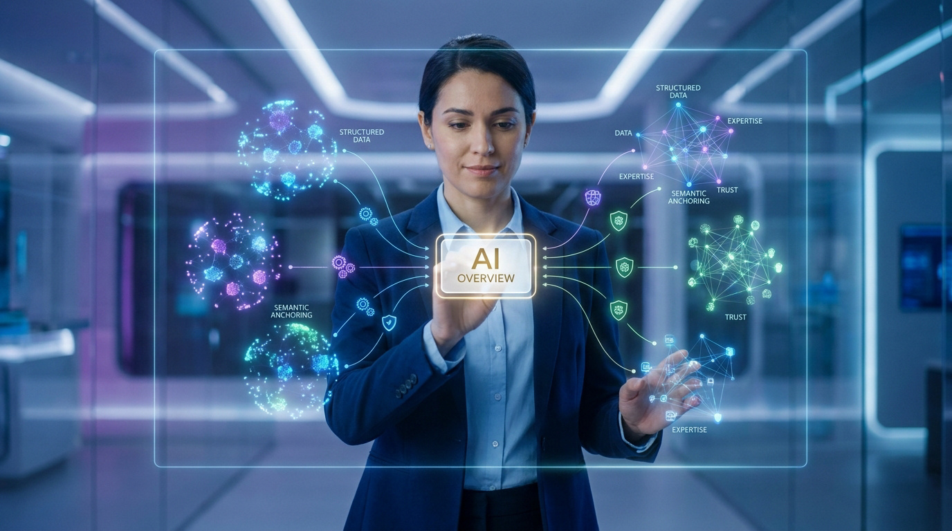Une femme d'affaires interagissant avec une interface holographique affichant des données sur l'IA et l'E-E-A-T.