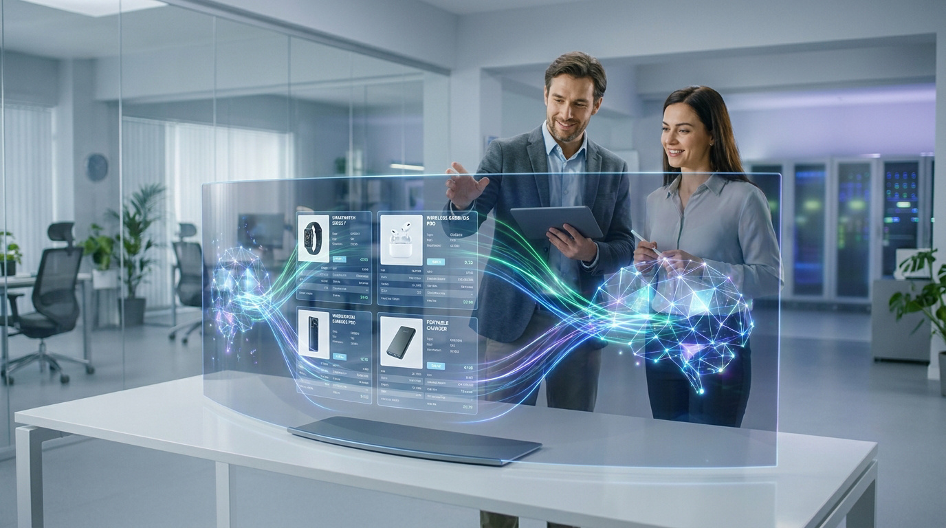 Deux professionnels analysent des données de produits e-commerce sur un écran holographique interactif dans un bureau.