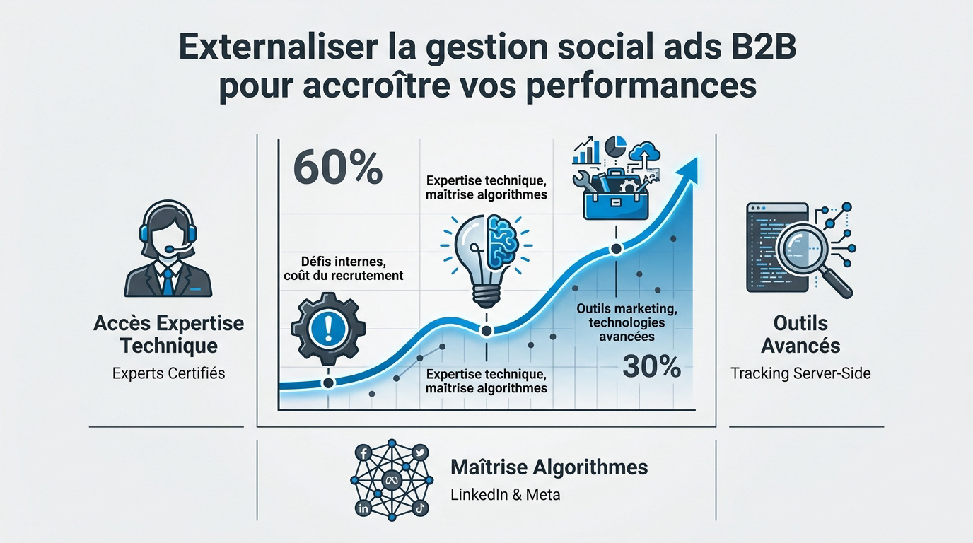 Infographie détaillant les bénéfices de l'externalisation des Social Ads pour le secteur B2B