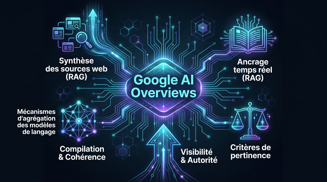 Infographie détaillant le fonctionnement technique et le processus RAG des Google AI Overviews