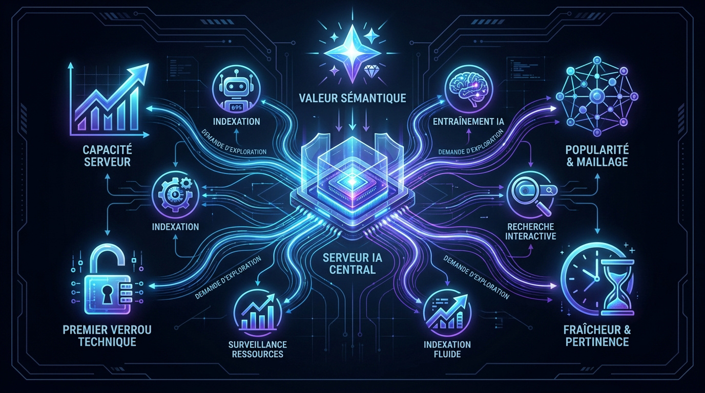 Infographie montrant l'interaction entre le serveur central et les agents IA pour l'optimisation du crawl