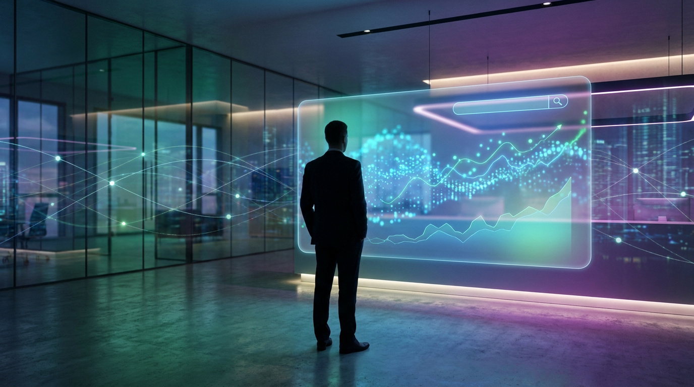 Un homme d'affaires observe un écran holographique affichant des données et des graphiques de recherche IA.