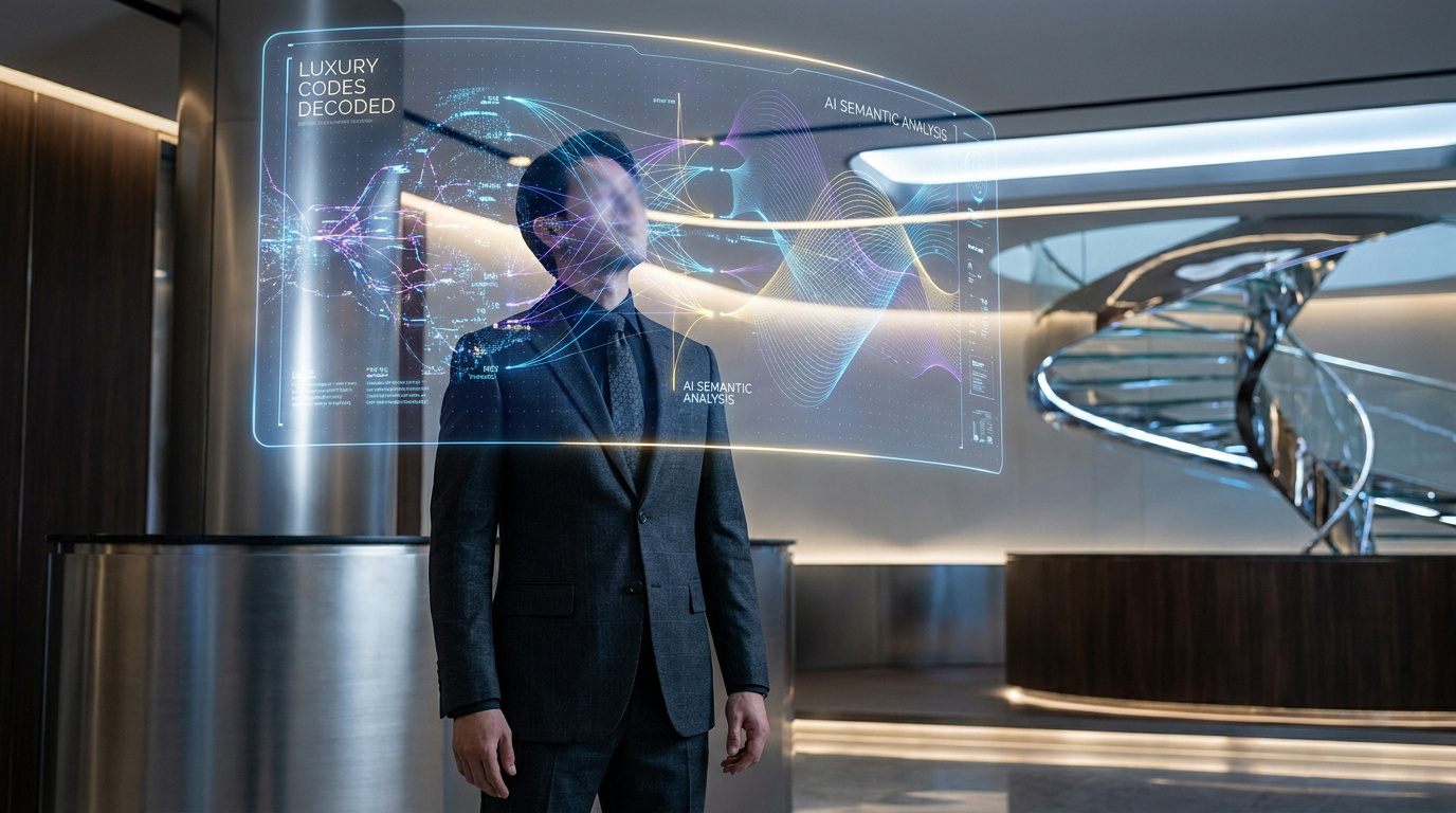 Un homme en costume devant une interface numérique holographique affichant des données sur le luxe.