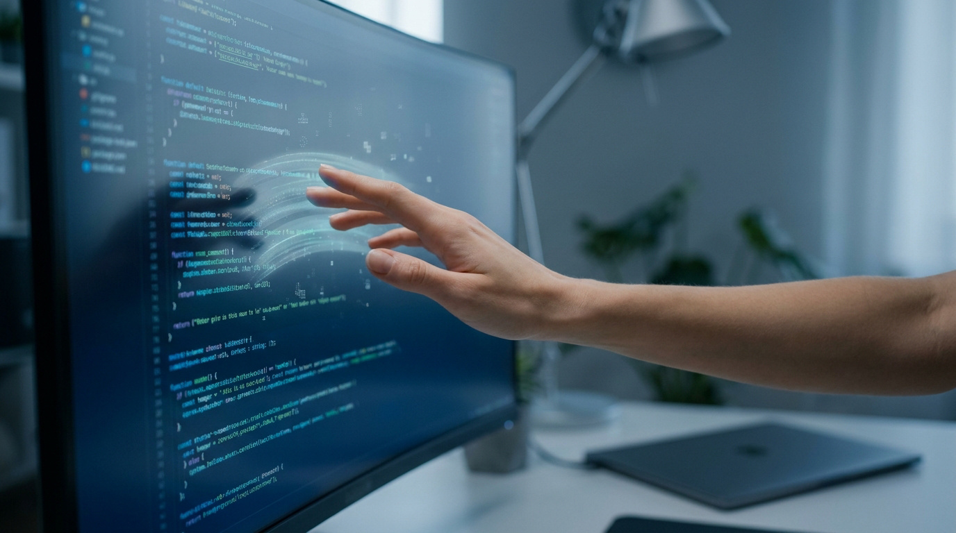 Une main touche un écran d'ordinateur affichant du code informatique avec un effet visuel lumineux.