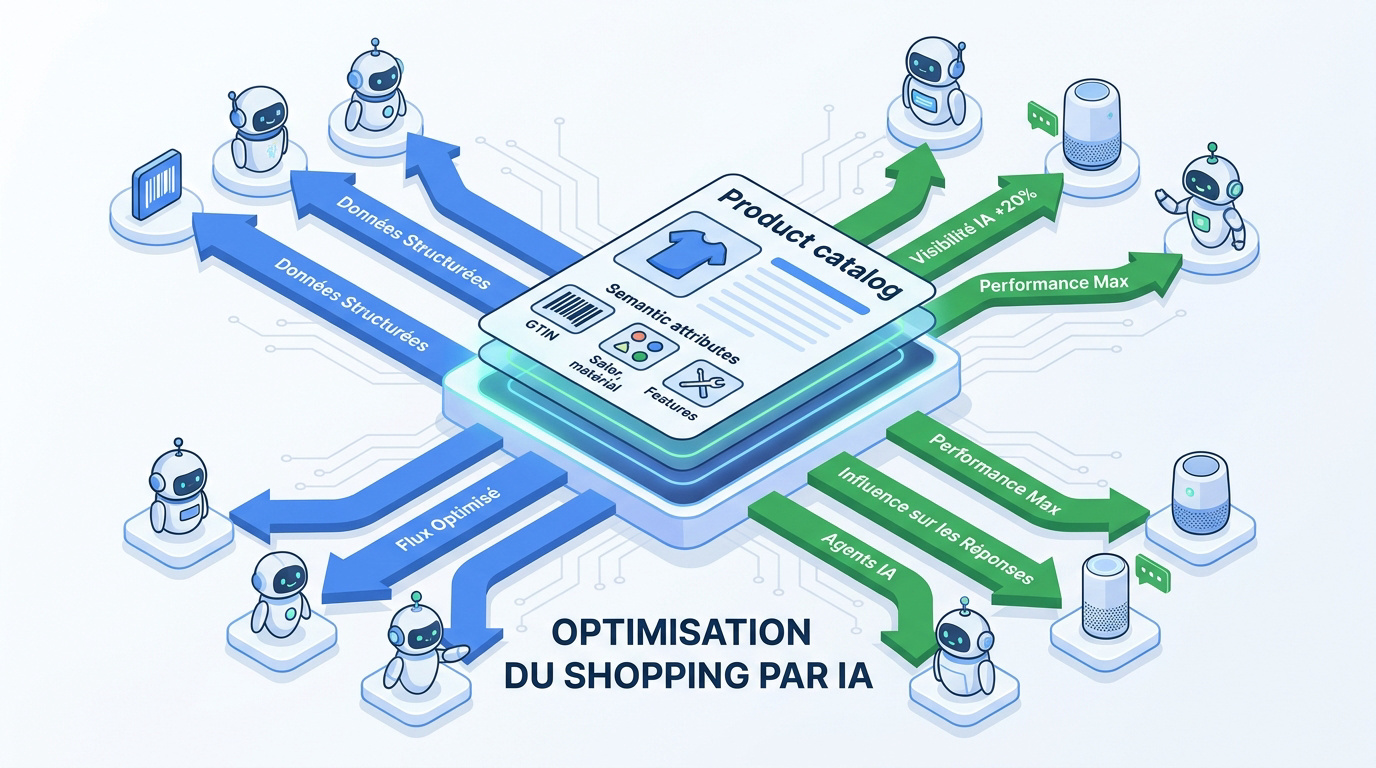 Schéma technique illustrant l'optimisation des flux produits pour les moteurs de recherche et agents IA shopping