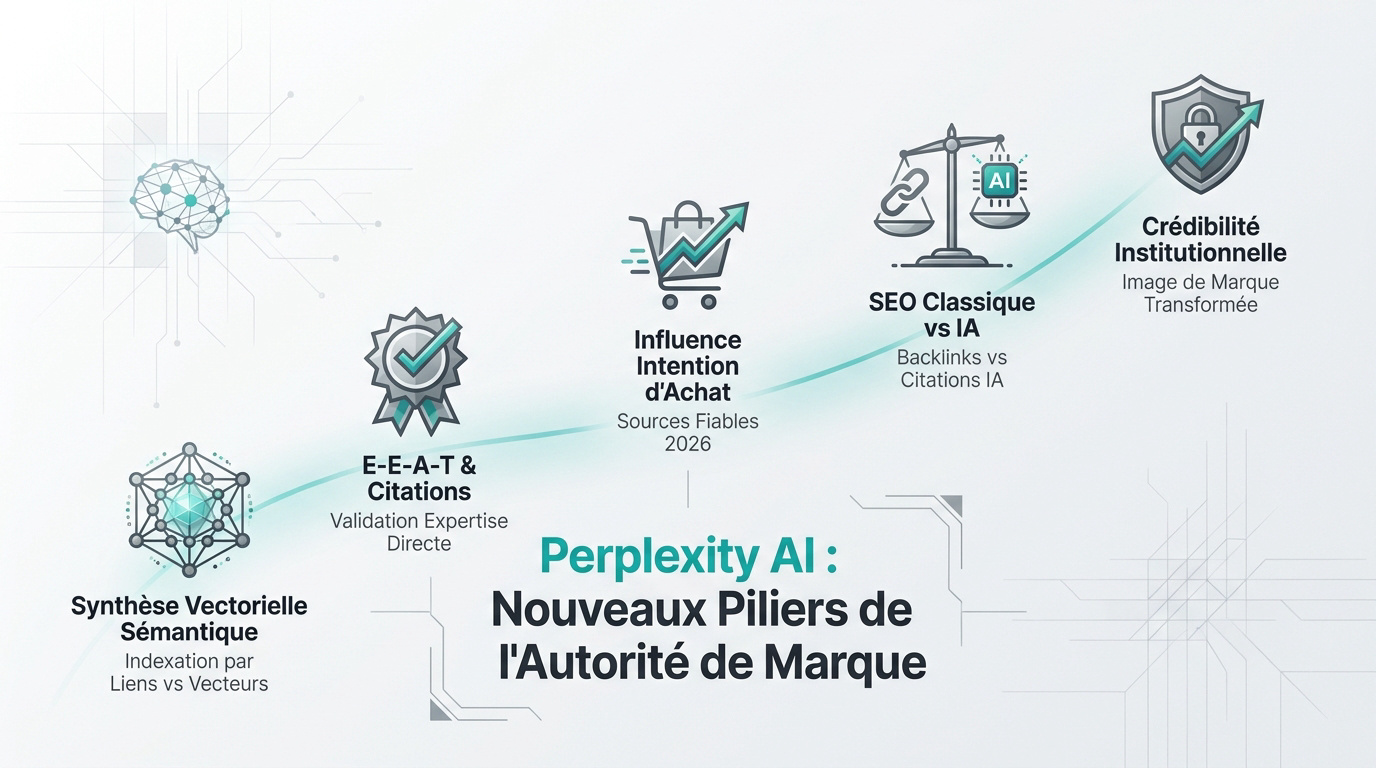 Schéma des piliers de l'autorité de marque sur Perplexity AI incluant la synthèse vectorielle et les citations