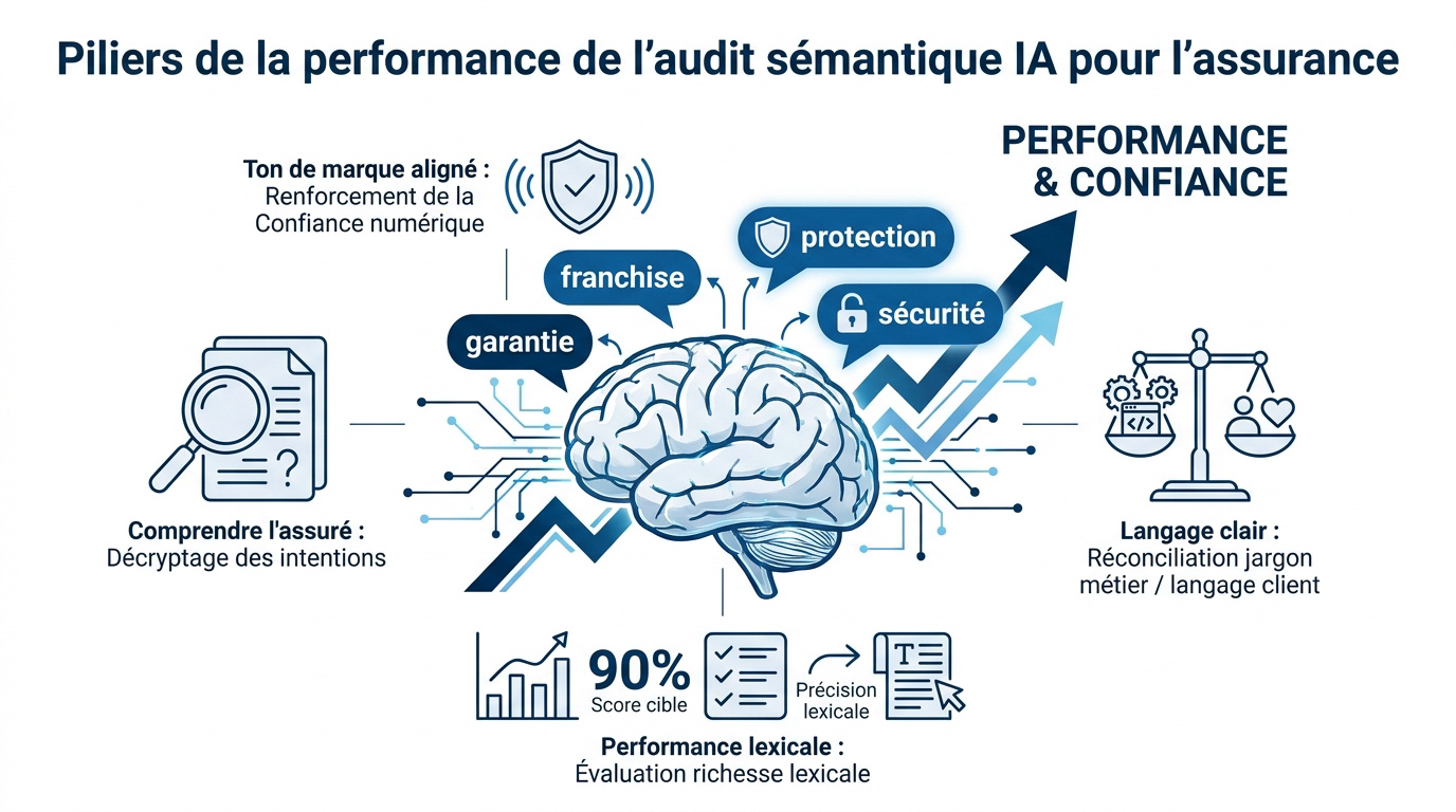 Schéma des piliers de l'audit sémantique par intelligence artificielle dans l'assurance
