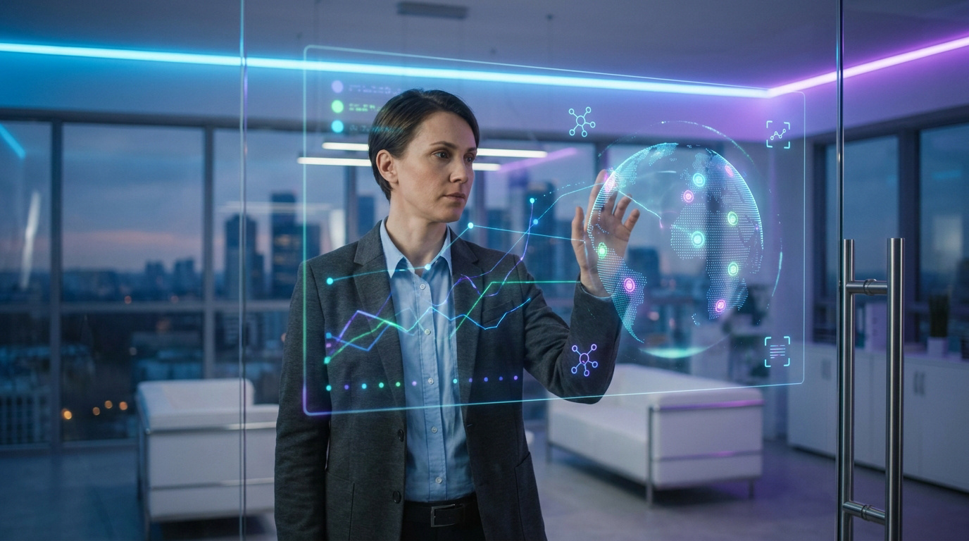 Une femme d'affaires interagit avec une interface numérique holographique affichant des données et un globe terrestre.