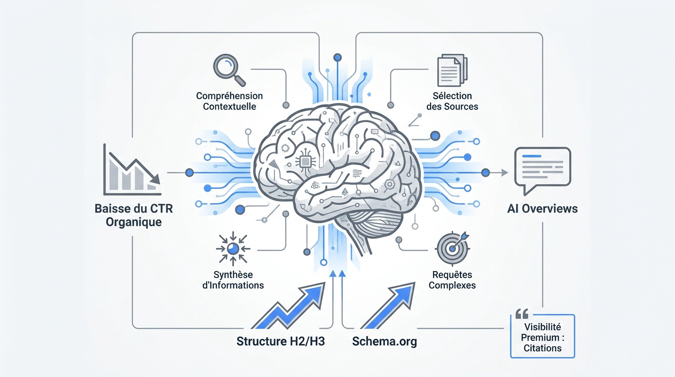 Schéma illustrant la stratégie de contenu B2B pour les AI Overviews de Google