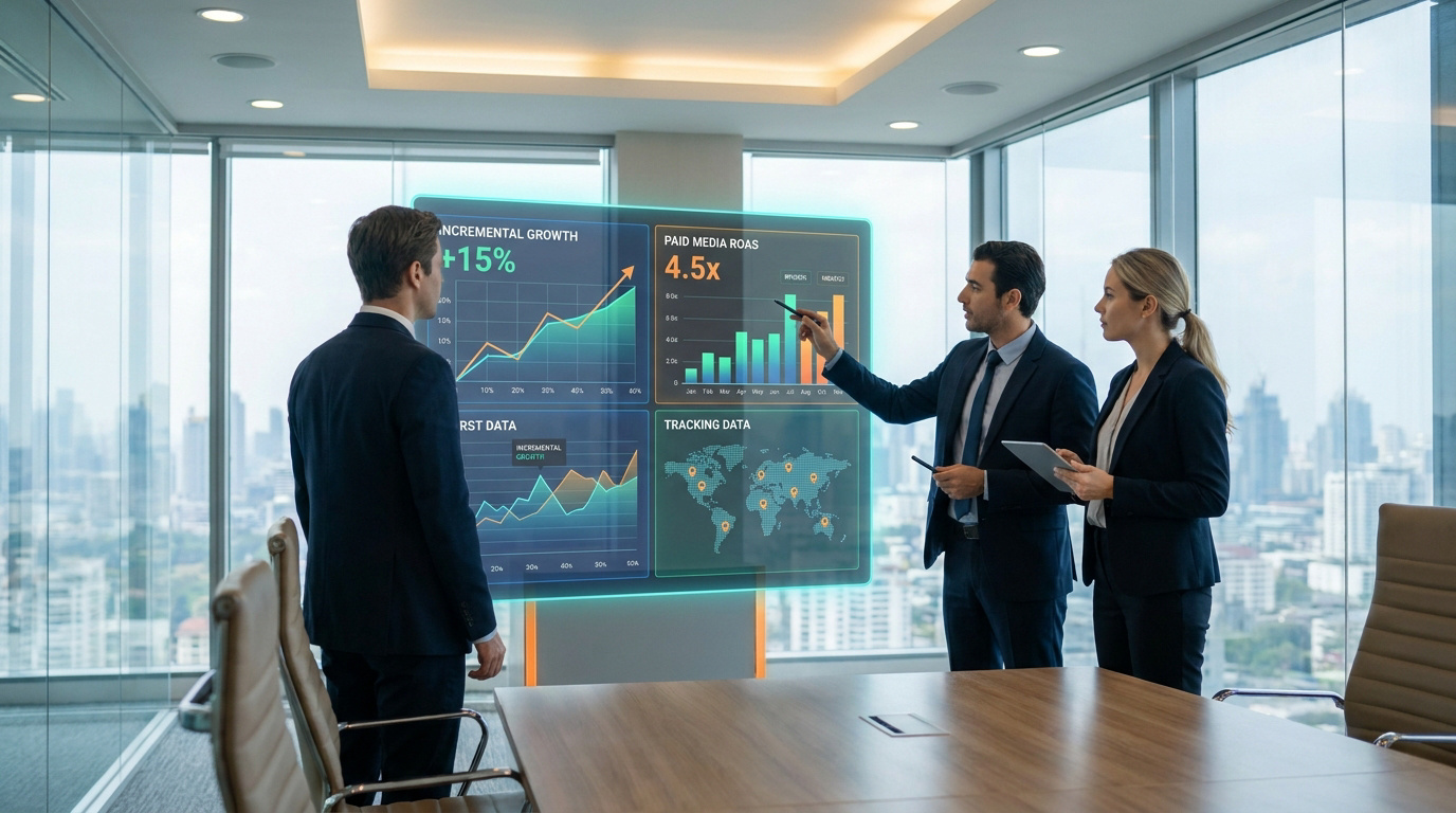 Trois professionnels en costume analysent un tableau de bord numérique flottant avec des graphiques de performance.