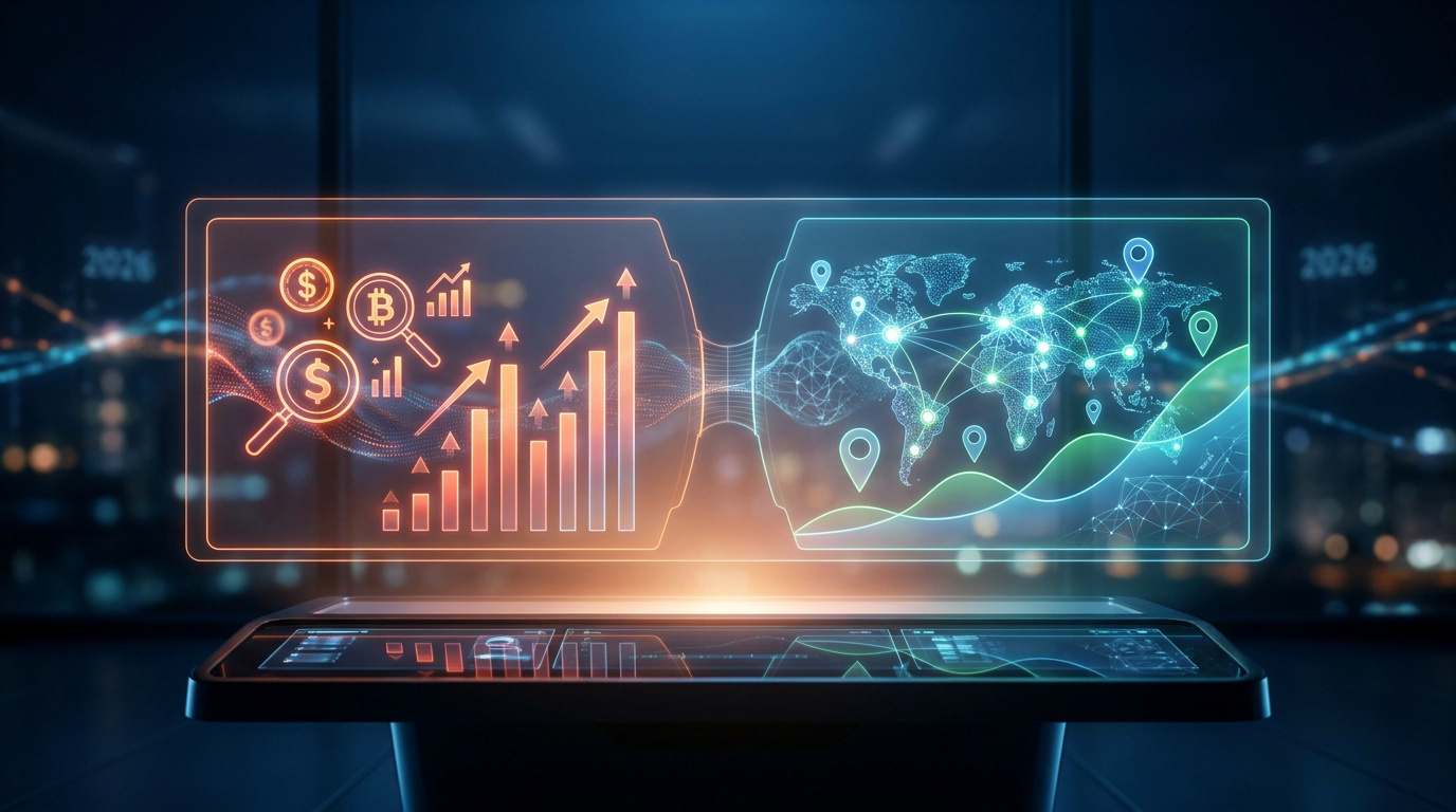 Interface holographique numérique comparant des données financières de recherche et de géolocalisation pour 2026.