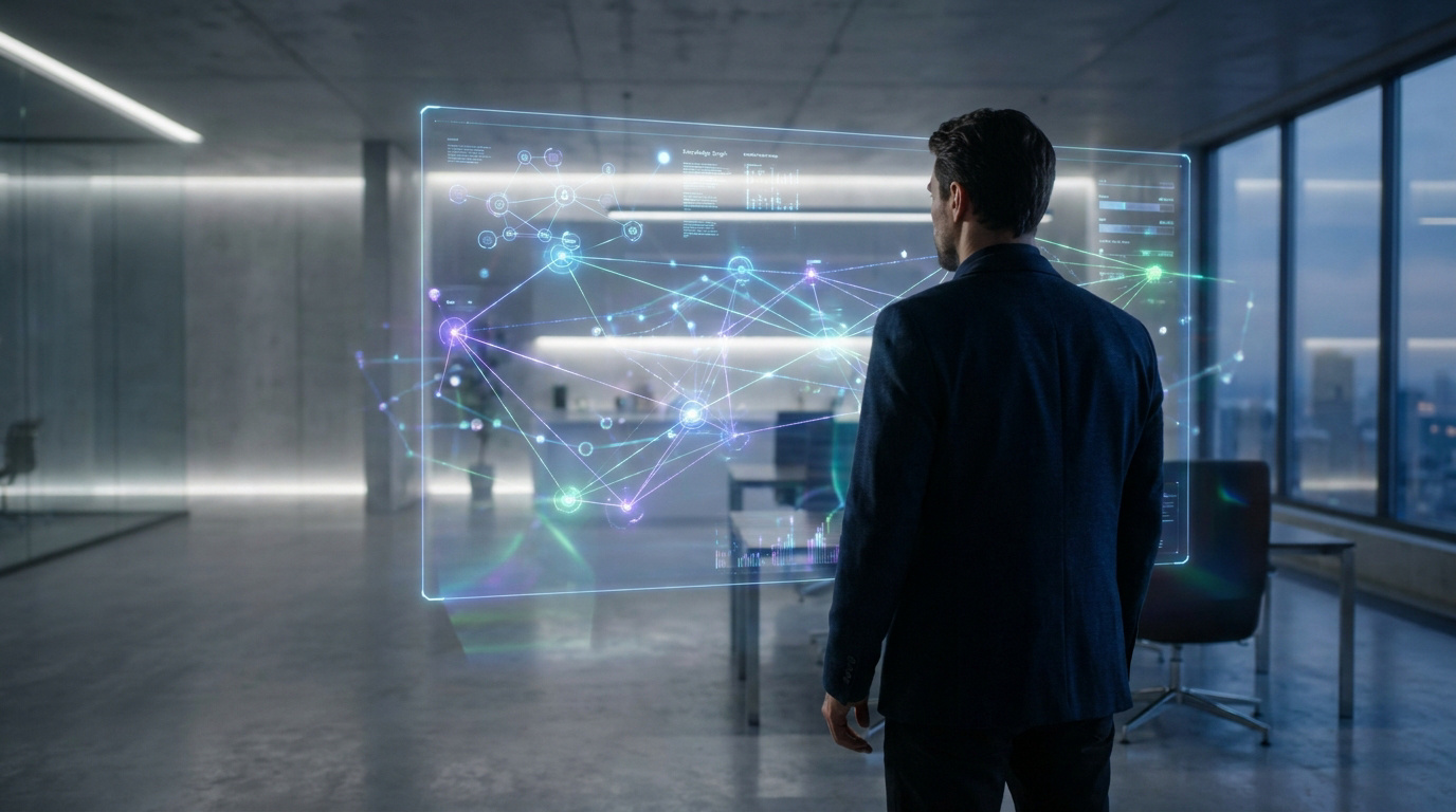 Un homme d'affaires observe une interface numérique holographique complexe représentant un réseau de données.