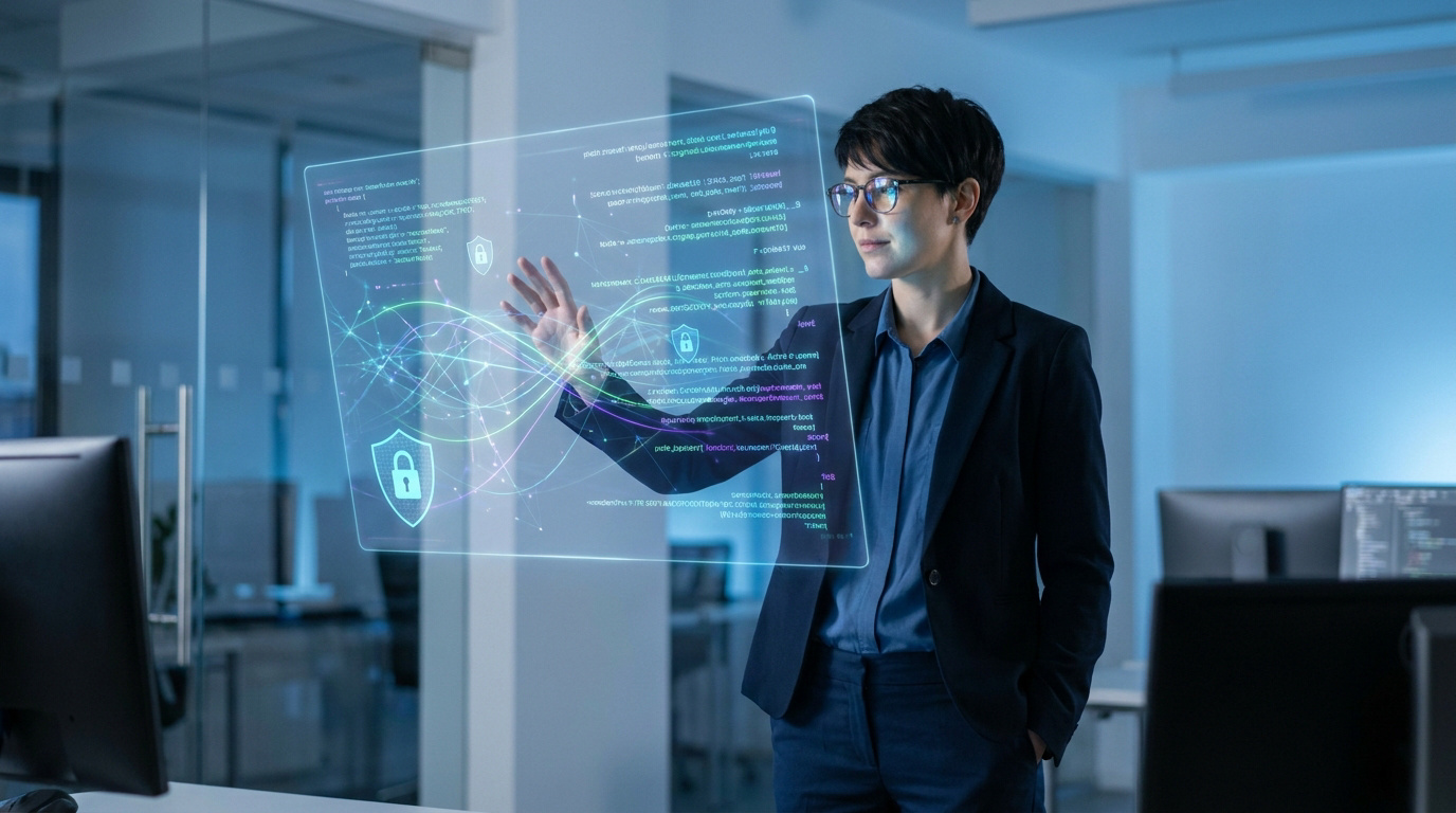 Une femme en costume interagissant avec une interface numérique holographique affichant du code et des symboles de sécurité.