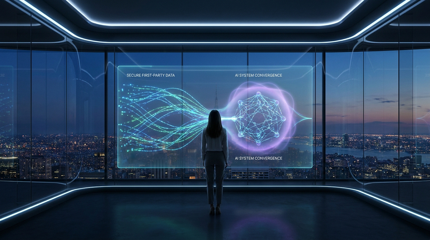 Une femme observe un écran holographique montrant des flux de données alimentant une intelligence artificielle.