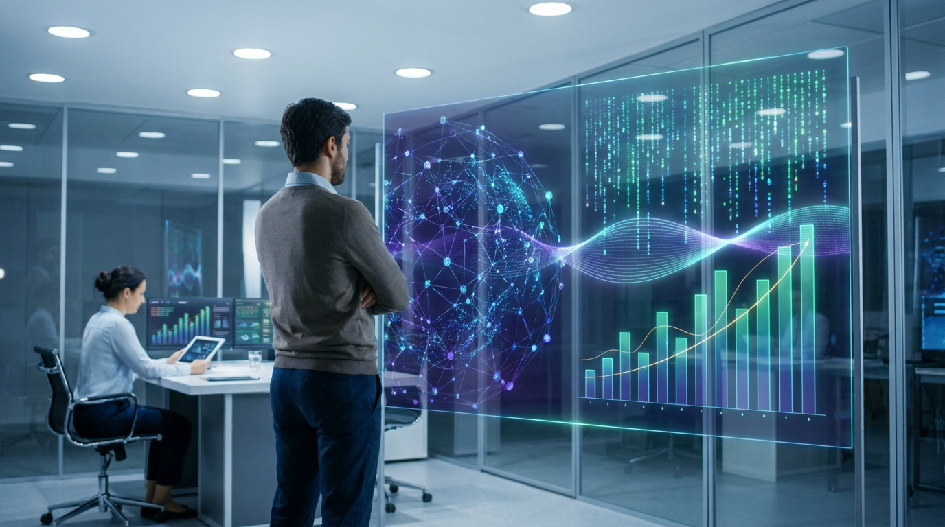 Un homme observe un écran holographique affichant des données et des graphiques de croissance dans un bureau moderne.