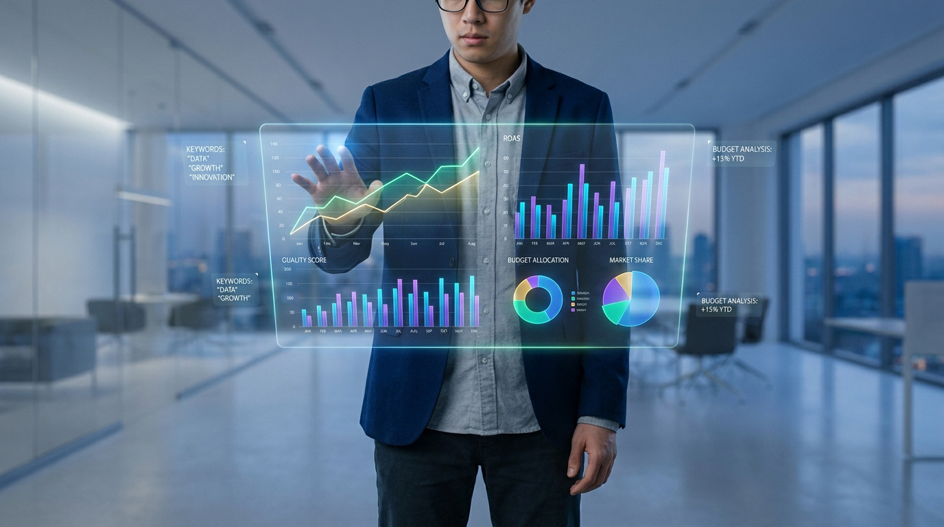 Un professionnel analysant des graphiques de performance SEA sur une interface numérique holographique futuriste.