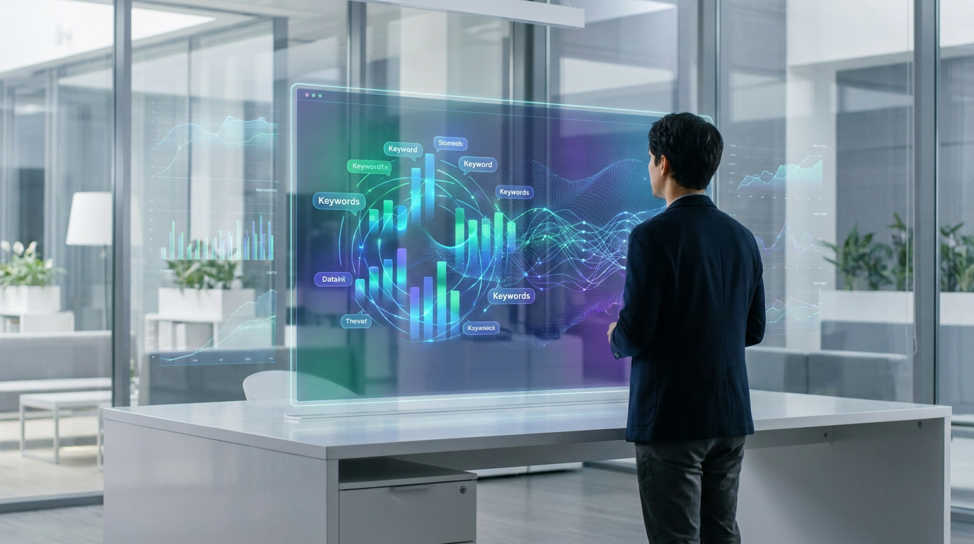 Un professionnel analysant des données SEO sur une interface holographique futuriste dans un bureau moderne.