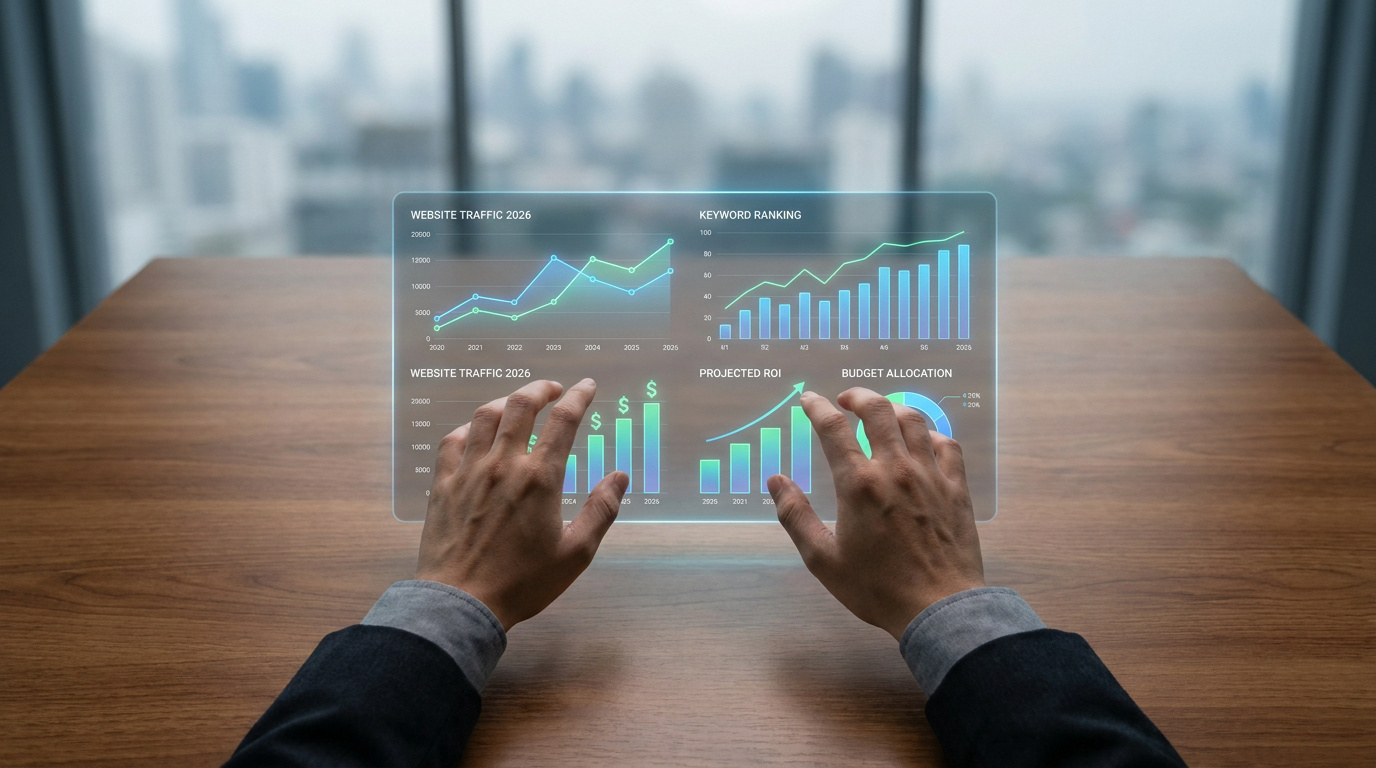 Mains manipulant une interface numérique holographique affichant des graphiques de trafic web, de mots-clés et de retour sur investissement.