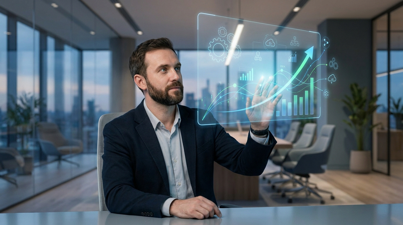 Un homme d'affaires interagissant avec une interface numérique holographique montrant des statistiques de croissance.