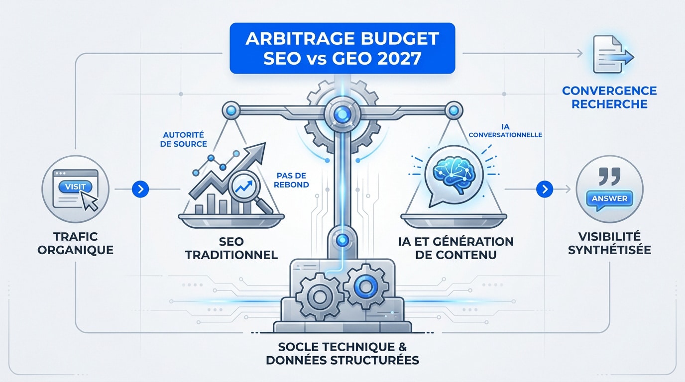 Graphique illustrant l'arbitrage budgétaire entre SEO et GEO pour l'horizon 2027
