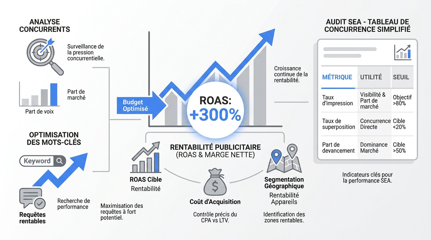 Graphique d'analyse de rentabilité SEA et comparaison concurrentielle des parts de voix