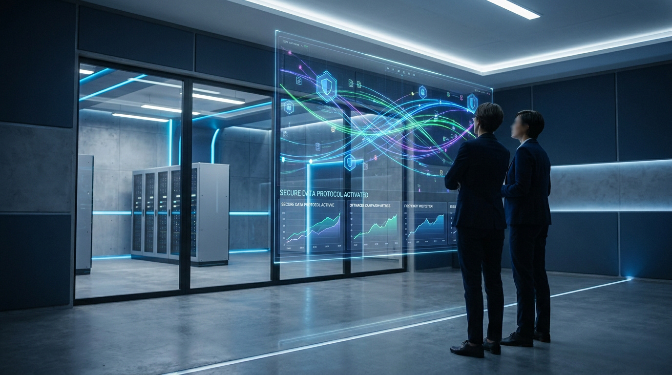 Deux professionnels analysent des flux de données sécurisés sur une interface holographique dans un centre de serveurs.