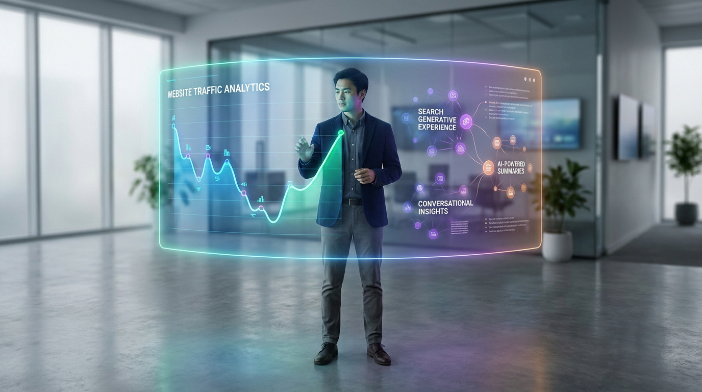 Un homme d'affaires analyse des données de trafic web sur une interface holographique futuriste dans un bureau moderne.