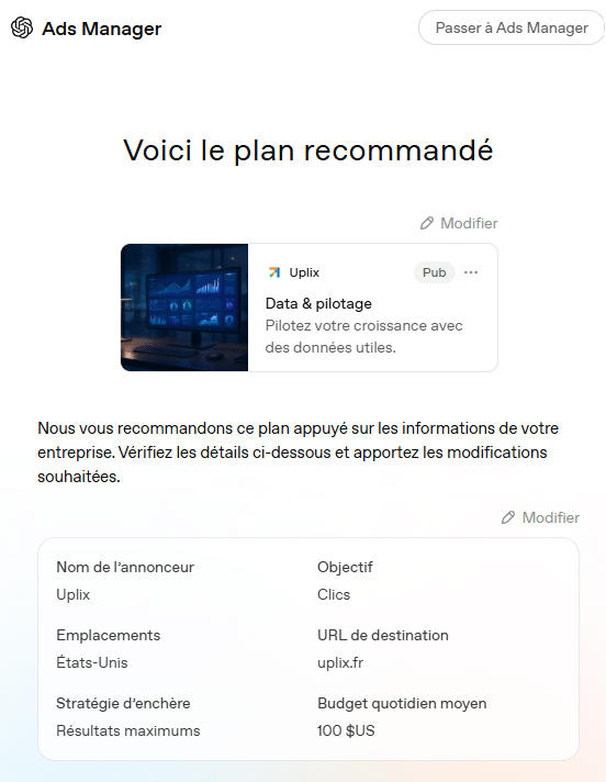 Plan recommandé pour la croissance des données d'Uplix.