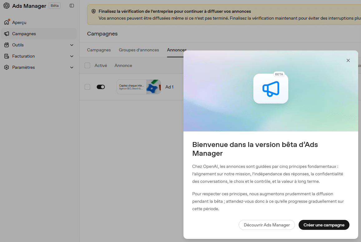 Interface Ads Manager en version bêta d'OpenAI.
