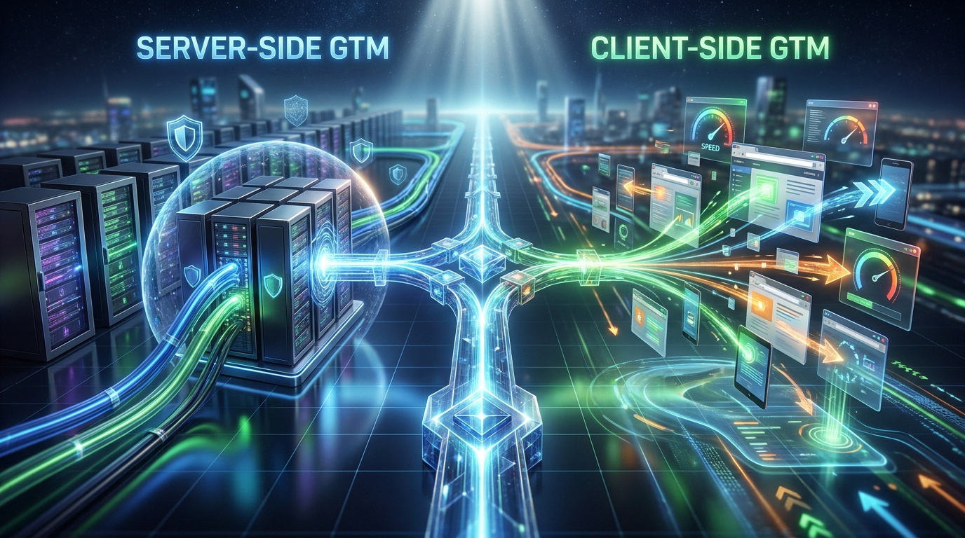 Illustration technologique comparant le tracking Google Tag Manager server-side et client-side via des flux de données.