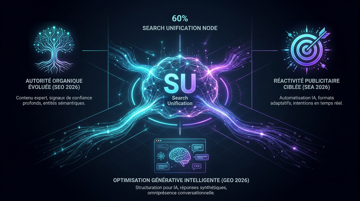 Schéma de la convergence stratégique entre SEO, SEA et GEO pour 2026