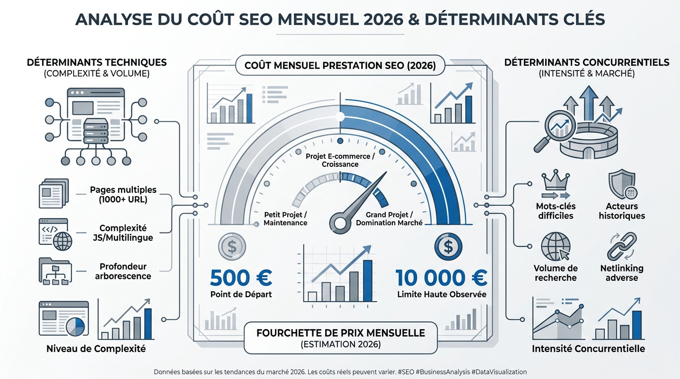 Graphique des tarifs moyens des prestations SEO en 2026 selon la complexité technique