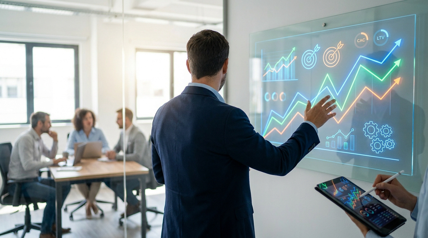 Professionnel en costume analysant des graphiques de données lumineuses sur un écran transparent en entreprise.