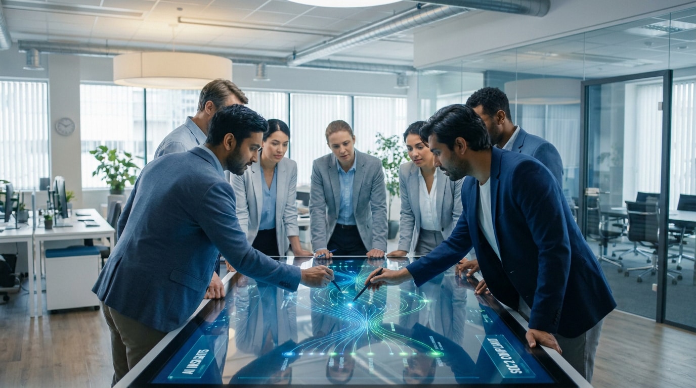 Équipe professionnelle analysant des données sur une table tactile interactive dans un bureau moderne.